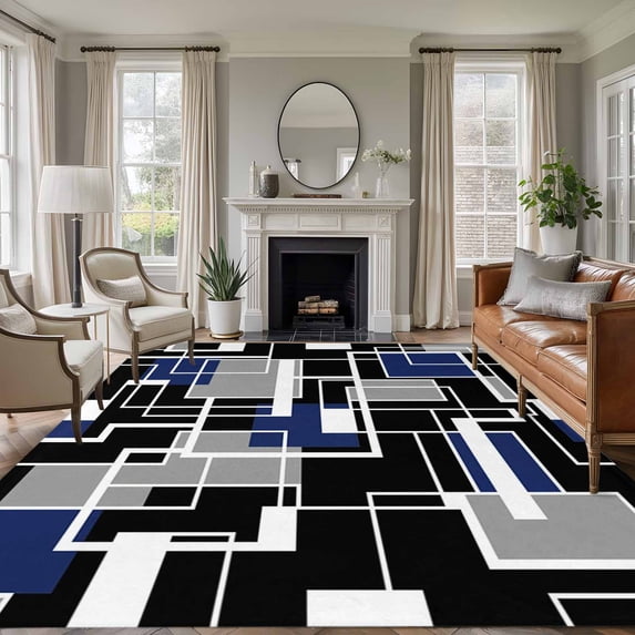 5x8 Area Rugs for Living Room, Navy Blue Black Geometric Non Slip Area Rugs for Kitchen Bedroom Entryway, Modern Color Block Abstract Washable Carpet Runner Rug Floor Mats for Bedroom Home Decor