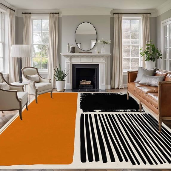 5x8 Area Rugs for Living Room, Orange Black Non Slip Area Rugs for Kitchen Bedroom Entryway, Farmhouse Striped Modern Abstract Art Washable Carpet Runner Rug Floor Mats for Bedroom Home Decor