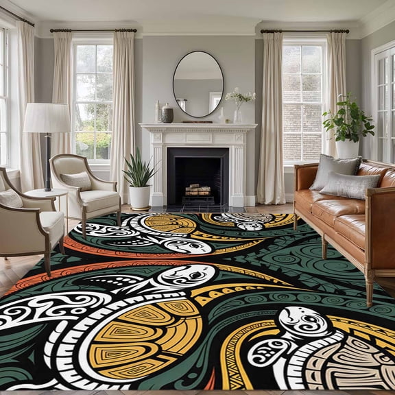 5x8 Area Rugs for Living Room, Polynesia Texture Non Slip Area Rugs for Kitchen Bedroom Entryway, Traditional Tribe Coastal Turtle Abstract Washable Carpet Runner Rug Floor Mats for Bedroom