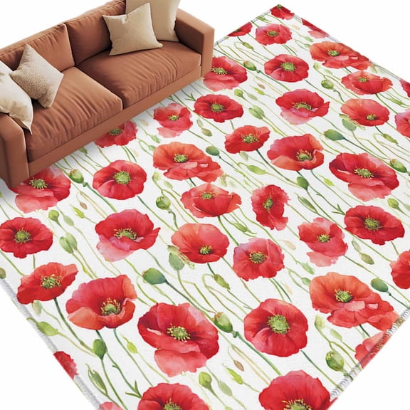 5x8 Area Rugs for Living Room, Red Poppy Non Slip Area Rugs for Kitchen Bedroom Entryway, Pastoral Flowers Green Leaves Vintage Botanical Washable Carpet Runner Rug Floor Mats for Bedroom Home Decor