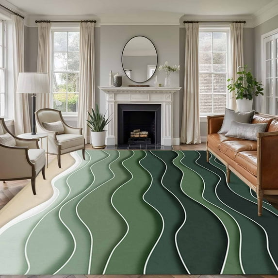 5x8 Area Rugs for Living Room, Sage Green Moire Non Slip Area Rugs for Kitchen Bedroom Entryway, Modern Abstract Art Waves Luxury Aesthetics Washable Carpet Runner Rug Floor Mats for Bedroom