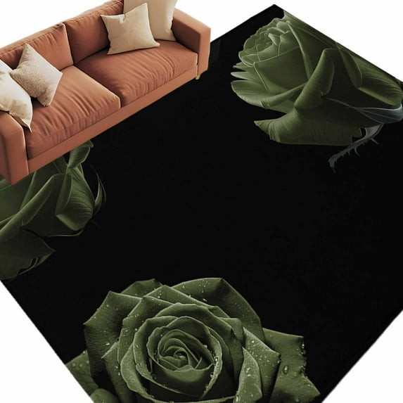 5x8 Area Rugs for Living Room, Sage Green Rose Non Slip Area Rugs for Kitchen Bedroom Entryway, Vintage Abstract Garden Flower Floral Black Washable Carpet Runner Rug Floor Mats for Bedroom
