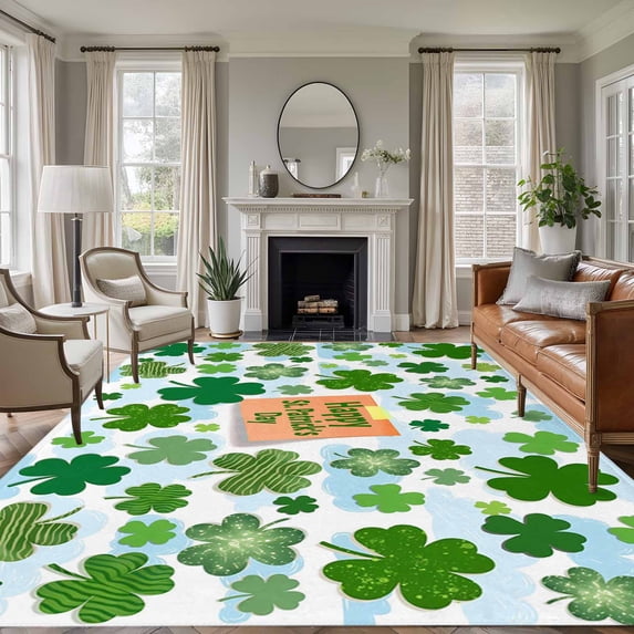 5x8 Area Rugs for Living Room, St. Patrick's Day Non Slip Area Rugs for Kitchen Bedroom Entryway, Green Lucky Shamrock Leaves Cloud Blue Washable Carpet Runner Rug Floor Mats for Bedroom Home Decor