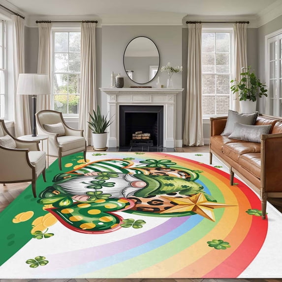 5x8 Area Rugs for Living Room, St Patrick's Day Non Slip Area Rugs for Kitchen Bedroom Entryway, Green Shamrock Gnomes Love Star Rainbow Spring Washable Carpet Runner Rug Floor Mats for Bedroom