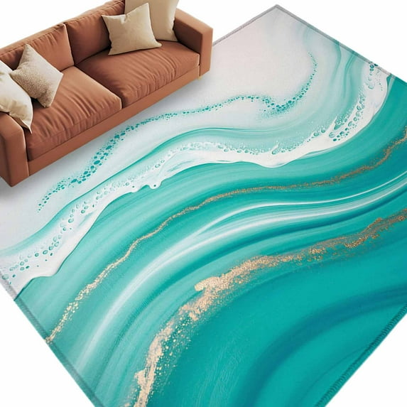 5x8 Area Rugs for Living Room, Teal Waves Abstract Non Slip Area Rugs for Kitchen Bedroom Entryway, Gradient Fluid Water Ripple Washable Carpet Runner Rug Floor Mats for Bedroom Home Decor