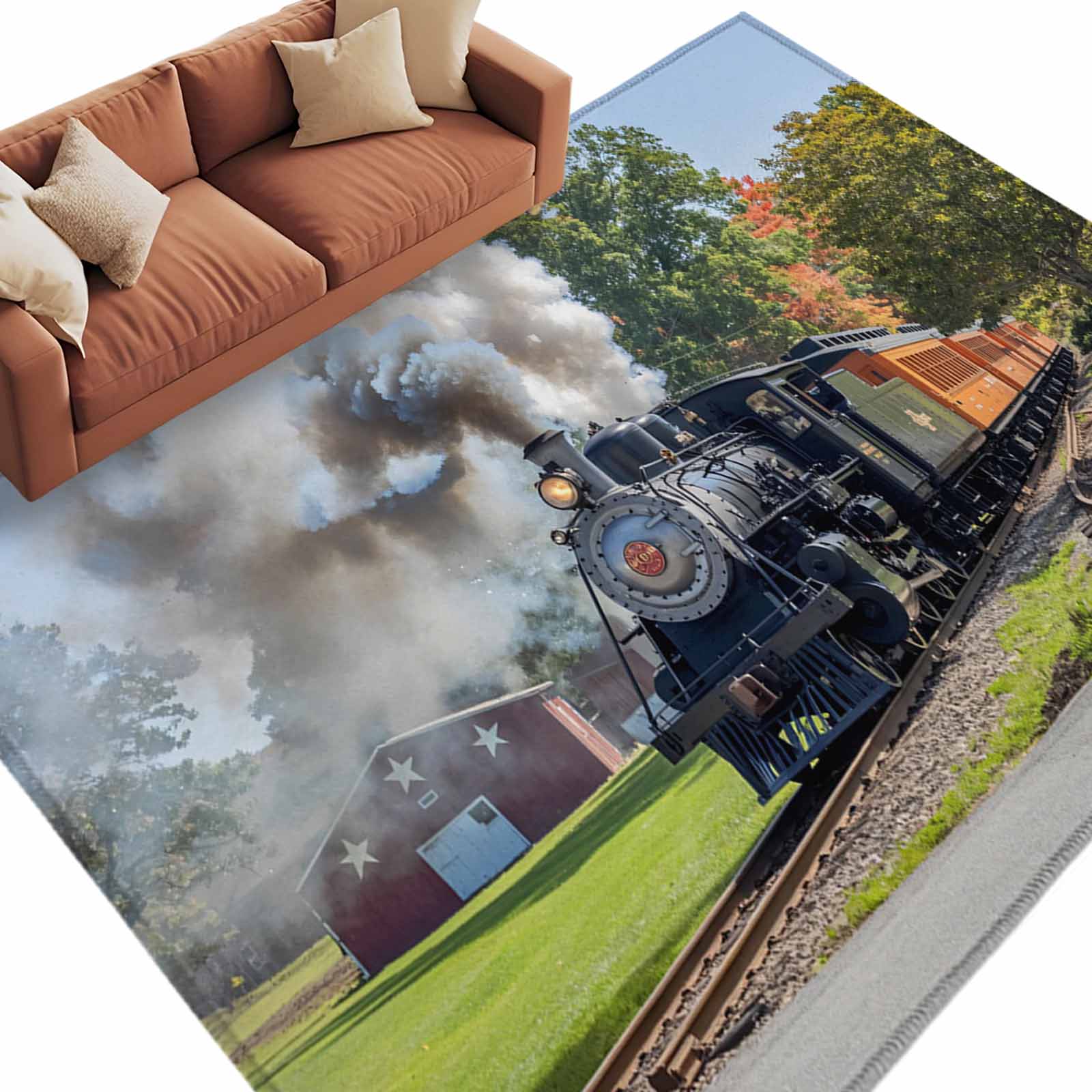 Red Train Rug 5x8 Area Rugs for Living Room, Train Railway Non Slip Area Rugs for ...