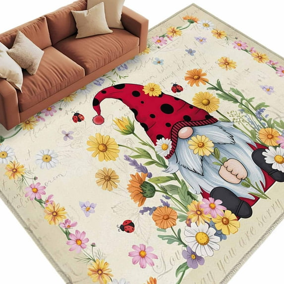 5x8 Area Rugs for Living Room, Vintage Gnomes Non Slip Area Rugs for Kitchen Bedroom Entryway, Rustic Pastoral Daisy Botanical Floral Washable Carpet Runner Rug Floor Mats for Bedroom Home Decor