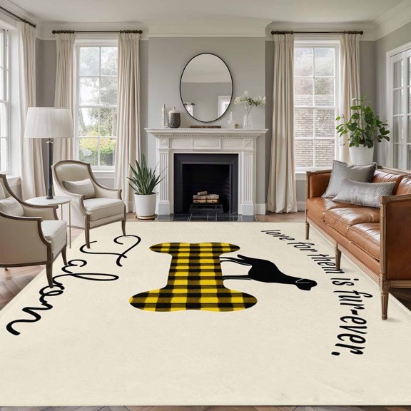 5x8 Area Rugs for Living Room, Yellow Black Buffalo Checkered Non Slip Area Rugs for Kitchen Bedroom Entryway, Bones Cute Dogs Pets Washable Carpet Runner Rug Floor Mats for Bedroom Home Decor