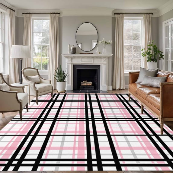 5x8 Area Rugs, Pink Black Plaid Non-Skid Rubber Backing Large Rectangle Rugs - Living Room Bedroom Home Office, Farmhouse Pink Black Checkered Indoor Floor Mat Carpets Washable Rug