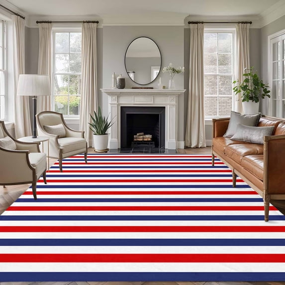 5x8 Area Rugs, Red Blue White Striped Non-Skid Rubber Backing Large Rectangle Rugs - Living Room Bedroom Home Office, Modern Simple Stripes Indoor Floor Mat Carpets Washable Rug