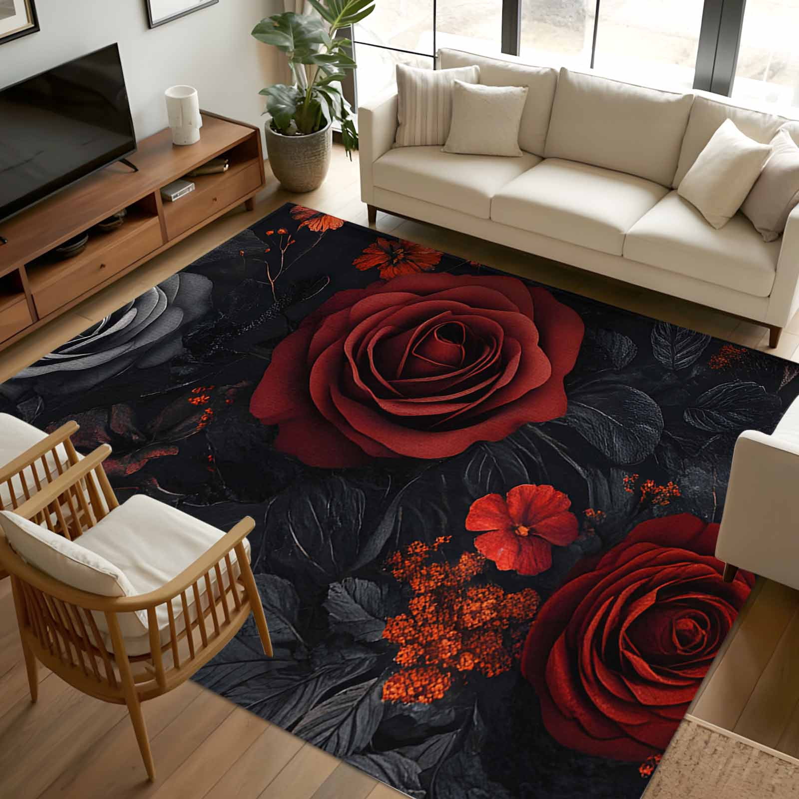 5x8 Area Rugs, Red Orange Roses Non-Skid Rubber Backing Large Rectangle ...