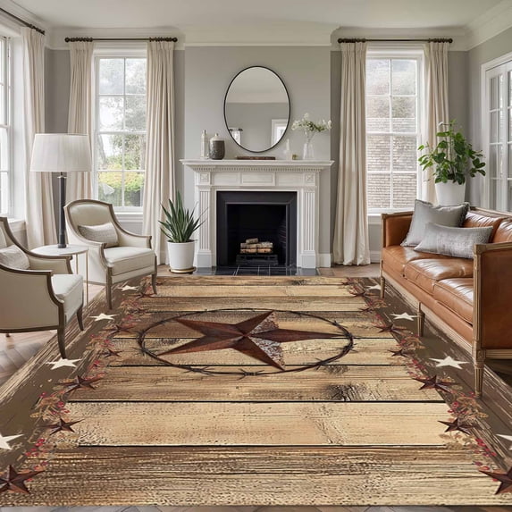5x8 Area Rugs, Rustic Country Non-Skid Rubber Backing Large Rectangle Rugs - Living Room Bedroom Home Office, Western Stars Brown Texture Wooden Print Indoor Floor Mat Carpets Washable Rug