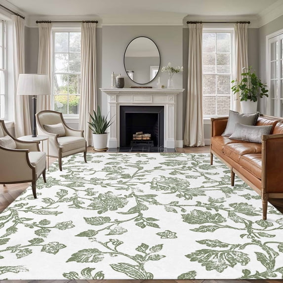 5x8 Area Rugs, Sage Green Flower Non-Skid Rubber Backing Large Rectangle Rugs - Living Room Bedroom Home Office, Vintage Farmhouse Boho Leaf Spring Indoor Floor Mat Carpets Washable Rug