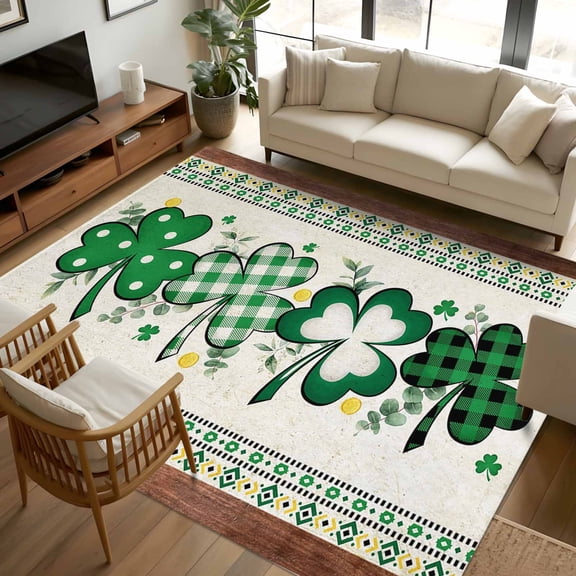 5x8 Area Rugs, St. Patrick's Day, Non-Skid Rubber Backing Large Rectangle Rugs - Living Room Bedroom Home Office, Southwestern Eucalyptus Shamrock Plaid Indoor Floor Mat Carpets Washable Rug