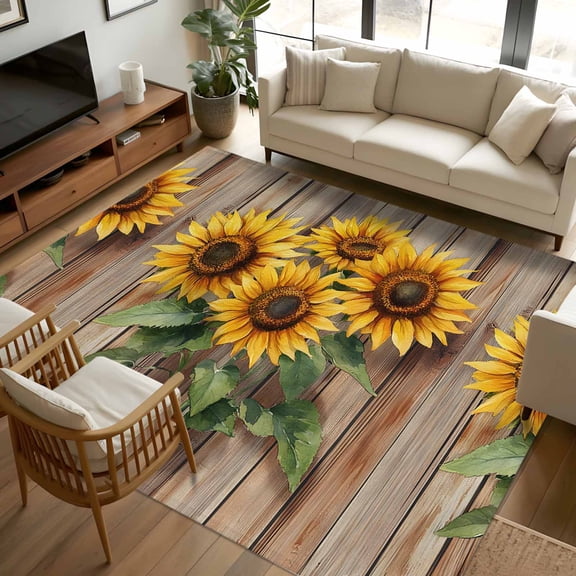 5x8 Area Rugs, Sunflowers Non-Skid Rubber Backing Large Rectangle Rugs - Living Room Bedroom Home Office, Rustic Summer Botanical Floral Wooden Grain Indoor Floor Mat Carpets Washable Rug