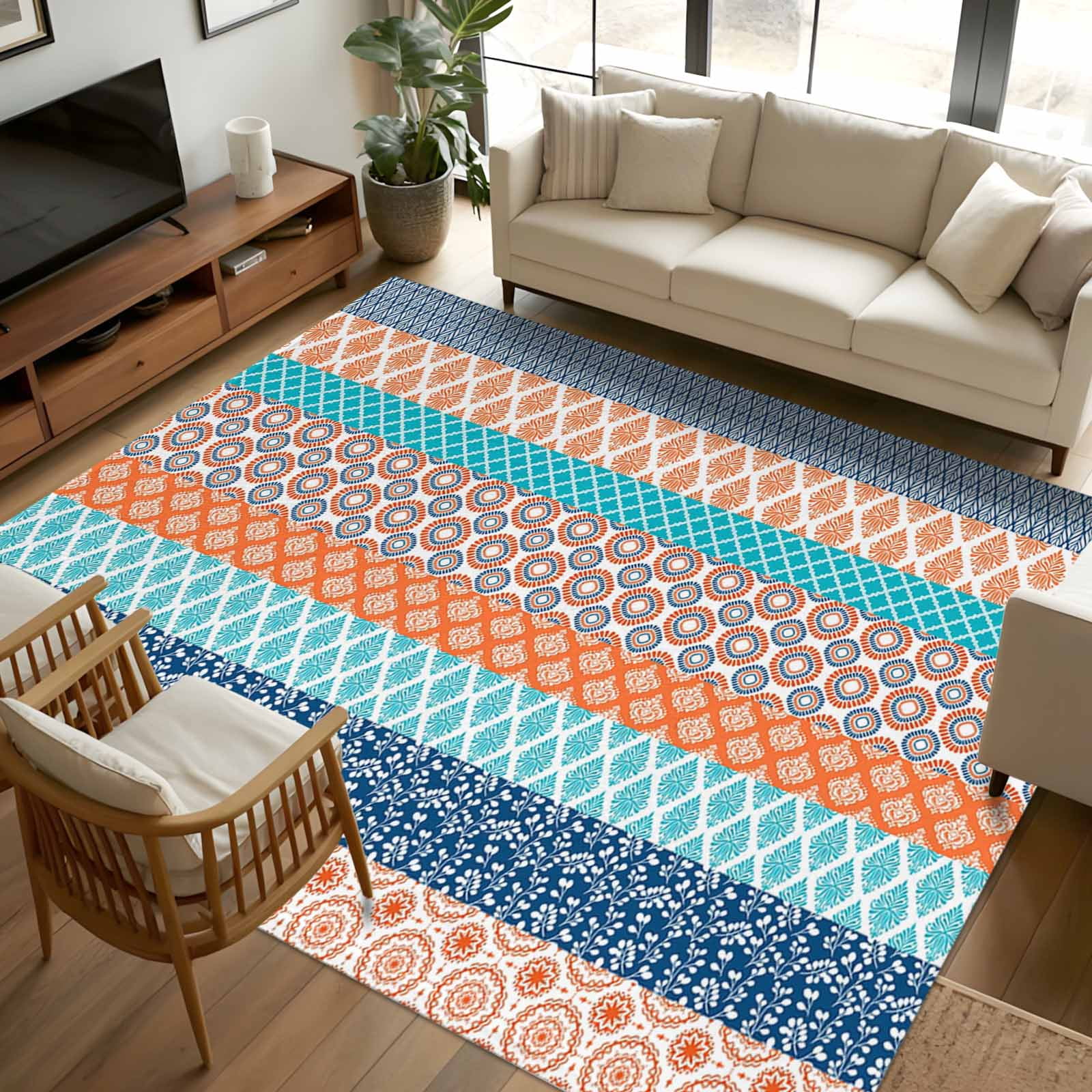 5x8 Area Rugs, Teal Orange Striped Non-Skid Rubber Backing Large ...