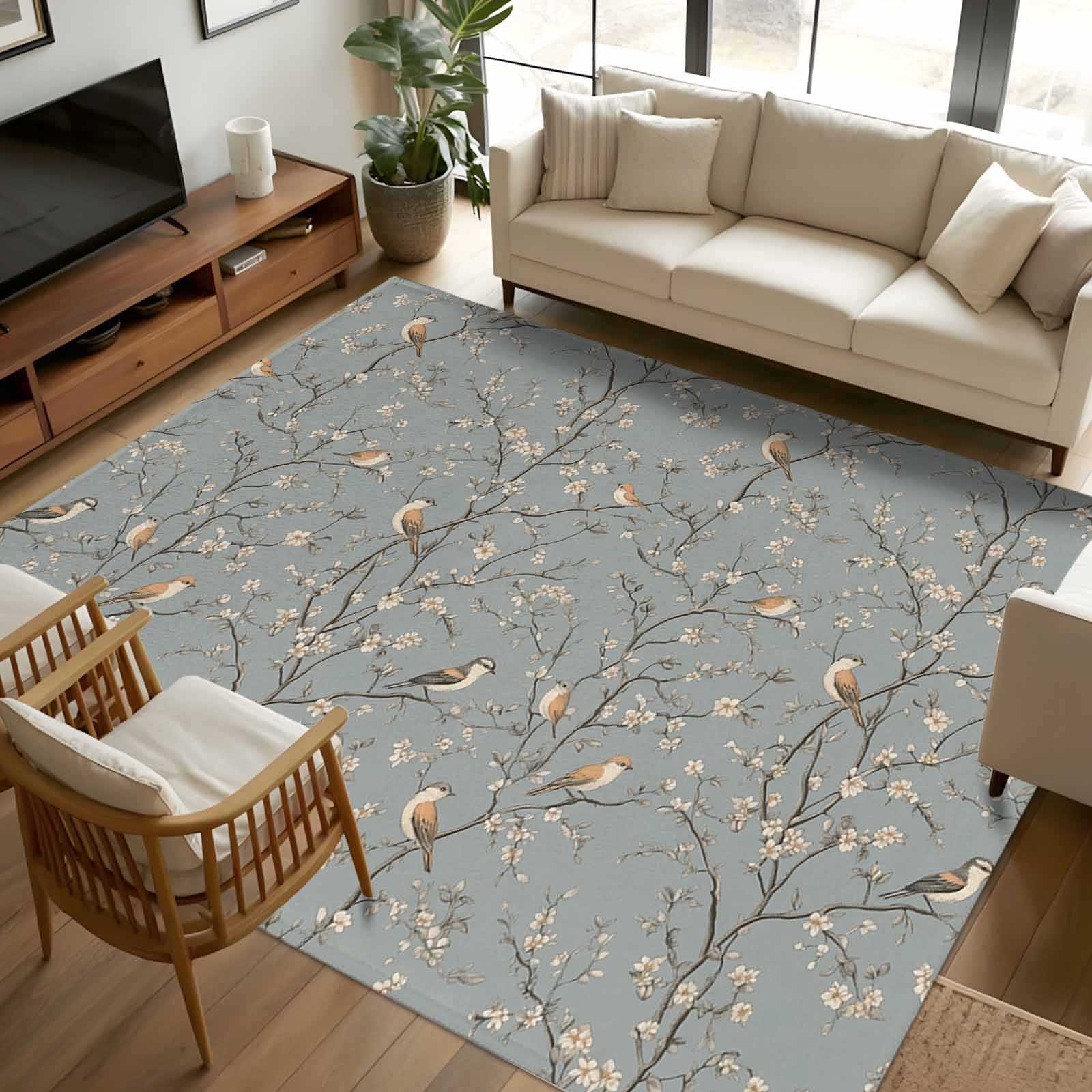 Tree Branch Rugs 5x8 Area Rugs, Tree Birds Non-Skid Rubber Backing Large Rectangle Rugs ...