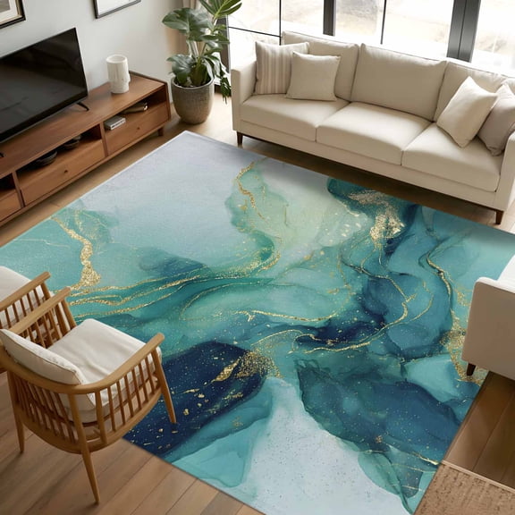 5x8 Area Rugs, Turquoise Marble Non-Skid Rubber Backing Large Rectangle Rugs - Living Room Bedroom Home Office, Modern Abstract Art Aesthetics Indoor Floor Mat Carpets Washable Rug