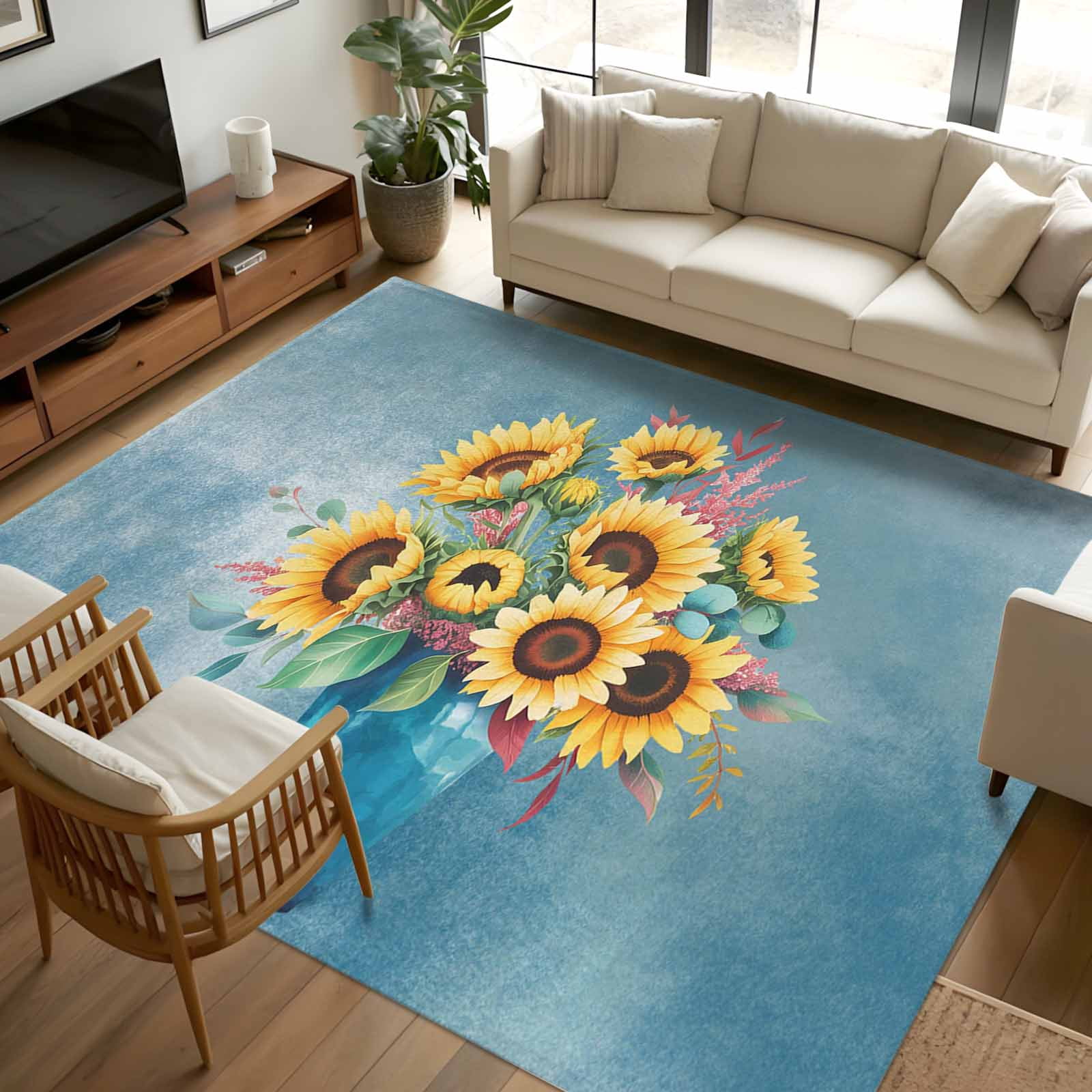 5x8 Area Rugs, Yellow Sunflowers Non-Skid Rubber Backing Large ...