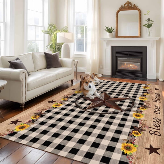 5x8 Bless Our Home Area Rug for Living Room, Washable Non Slip Low Pile Soft Indoor Rug for Bedroom Dining Room, Texas Star Sunflower Black Plaid Sofa Seating Rug