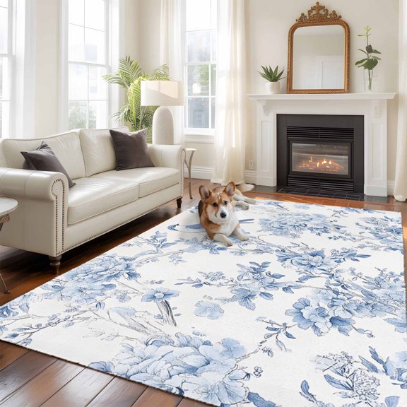 5x8 Blue Flower Area Rug for Living Room, Washable Non Slip Low Pile Soft Indoor Rug for Bedroom Dining Room, Tree Branch Birds Sofa Seating Rug