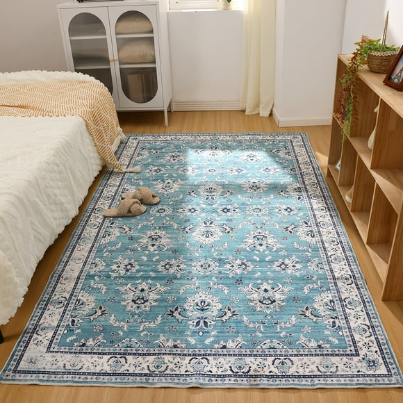 LOKHOM 5'x 8' Bohemian Area Rugs for Living Room, Non-Slip Backing Machine Washable Carpet, Blue