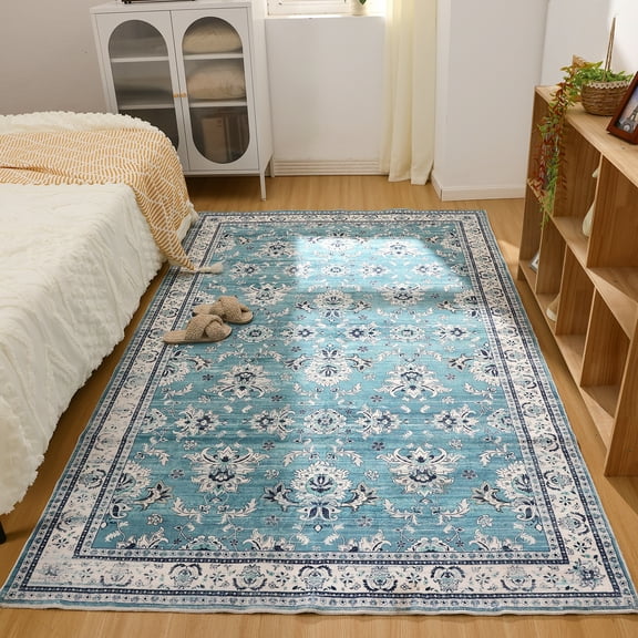 LOKHOM 5'x 8' Bohemian Area Rugs for Living Room, Non-Slip Backing Machine Washable Carpet, Blue