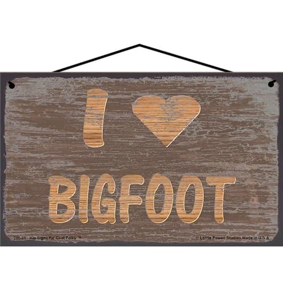 5x8 Brown Sasquatch Themed Sign Saying "I Love Bigfoot" with Heart - Vintage Style Gift for Cryptid Creature Enthusiasts, Decorative Wall Art Décor for your Home