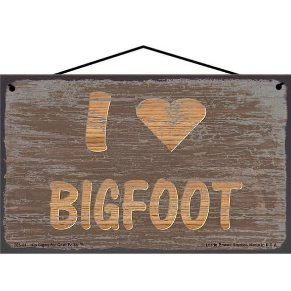 5x8 Brown Sasquatch Themed Sign Saying "I Love Bigfoot" with Heart - Vintage Style Gift for Cryptid Creature Enthusiasts, Decorative Wall Art Décor for your Home