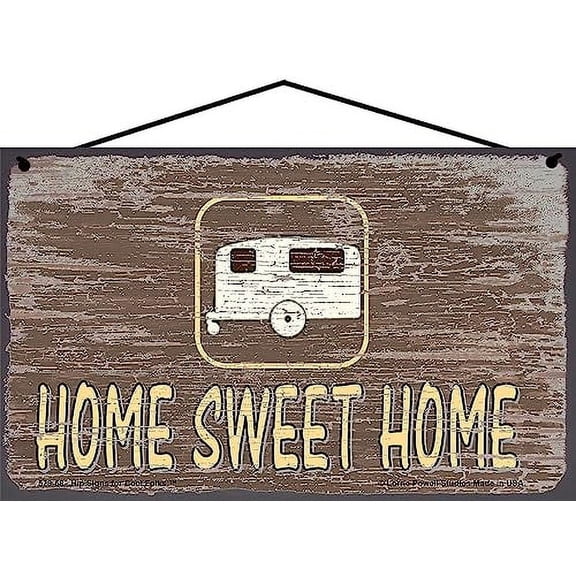 5x8 Brown Vintage Style Sign Saying "Home Sweet Home" with Camper Trailer Image - Retro RV Travel Decor, Perfect for Motorhome, Campervan Enthusiast, Ideal Gift for Nomadic Lifestyle Lovers