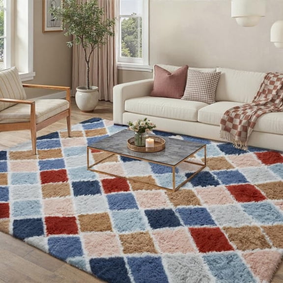 5x8 Checkered Rug for Bedroom Rainbow Modern Soft Area Rug Fluffy Non-Slip Carpet for Living Room Playroom Home Aesthetic Decor