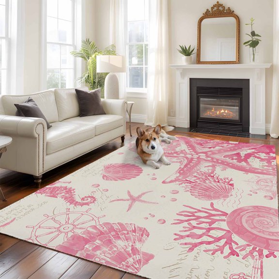 5x8 Conch Starfish Area Rug for Living Room, Washable Non Slip Low Pile Soft Indoor Rug for Bedroom Dining Room, Pink Shell Seahorse Sofa Seating Rug