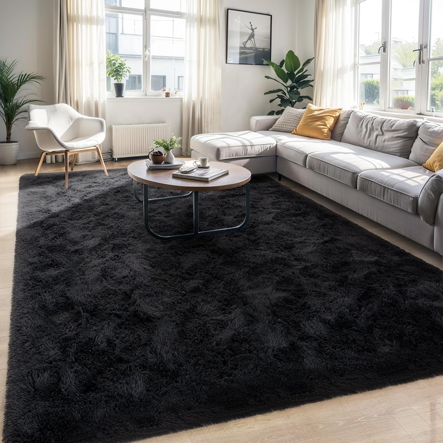 Lahome Black Floral Area Rug 8x10 - Low Pile, Stain Resistant, Machine Washable, Non-Slip Backing