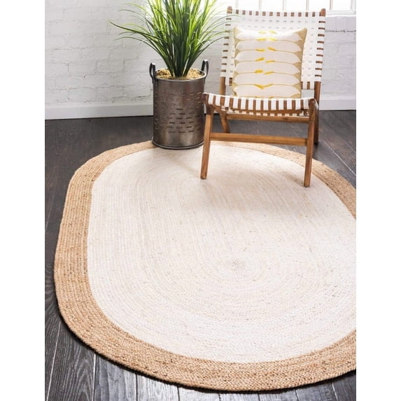 5x8 Ft Oval White Jute Area Rug, Hand-Woven, Reversible, Farmhouse Boho Style, Durable & Pet-Friendly Rug for Living Room, Dining Room, and Bedroom