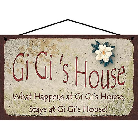 5x8 Gi Gi's House Sign with Magnolia Flower What Happens at Gi Gi's House Stays at Gi Gi's House Vintage Style Decorative Household Family Home Décor Grandma Nickname Gift Signs for any Grandmother