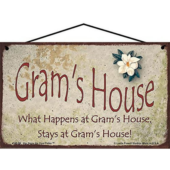 5x8 Gram's House Sign with Magnolia Flower What Happens at Gram's House Stays at Gram's House Vintage Style Decorative Household Family Home Décor Grandma Nickname Gift Signs for any Grandmother