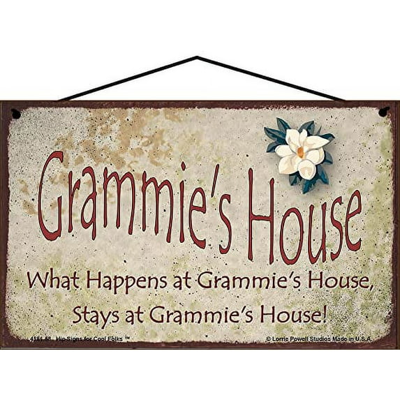 5x8 Grammie's House Sign with Magnolia Flower What Happens at Grammie's House Stays at Grammie's House Vintage Style Decorative Household Family Home Décor Grandma and Grandmother Nickname Gift Signs