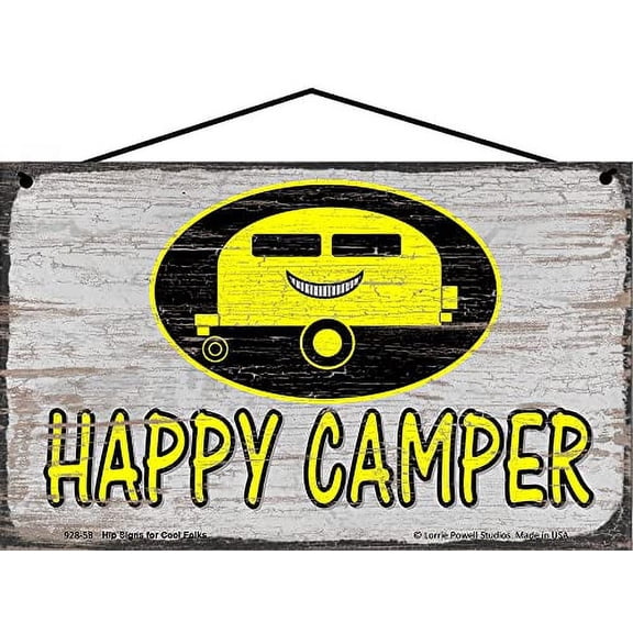5x8 Happy Camper Sign - Smiling RV Decorative Fun Camping-Themed Wall Art for Home, RV, Cabin - Cheerful Camper Design, Perfect Gift for Outdoor Enthusiasts