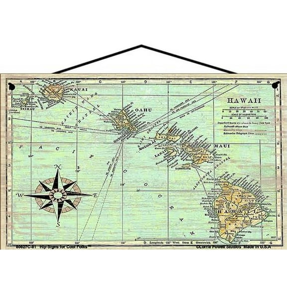 5x8 Hawaii Map Sign - Image of a Vintage Map of the Hawaiian Islands Including Directional Compass - Maui Oahu Honolulu Kauai Pacific Ocean - Decorative Household Family Home Décor Wall Art