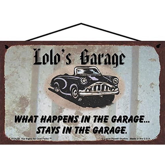 5x8 Lolo's Garage Sign with Classic Car What Happens in the Garage Stays in the Garage - Vintage Style Home Décor, Filipino Word for Grandfather, Father's Day Gift for Automotive Enthusiast Grandpas