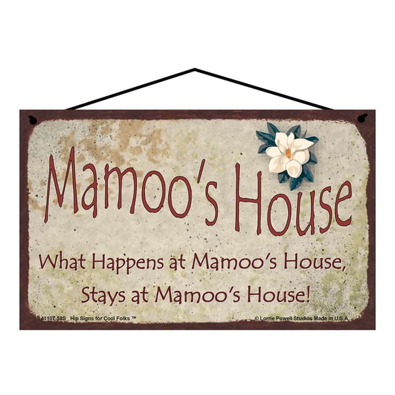 5x8 Mamoo's House Sign with Magnolia Flower What Happens at Mamoo's House Stays at Mamoo's House Vintage Style Decorative Household Family Home Décor Grandma Nickname Gift Signs for Grandmothers