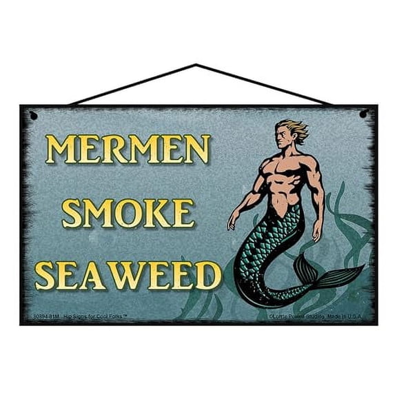 5x8 Mermen Smoke Seaweed Vintage Style Sign - Nautical Home Décor with a Strong Merman, Coastal Wall Art, Gift for Mermaid Lovers