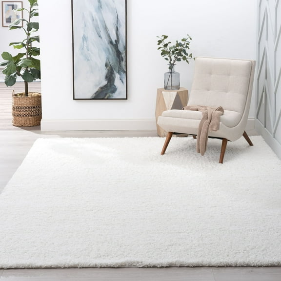 Jersey Shag Transitional Solid White Polypropylene Indoor Area Rug, 5'x8' Rectangle