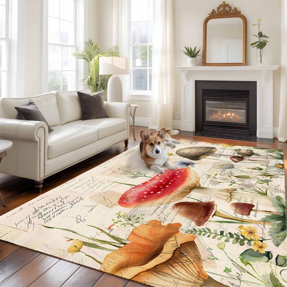5x8 Mushroom Floral Area Rug for Living Room, Washable Non Slip Low Pile Soft Indoor Rug for Bedroom Dining Room, Spring Flowers Leaf Retro Sofa Seating Rug