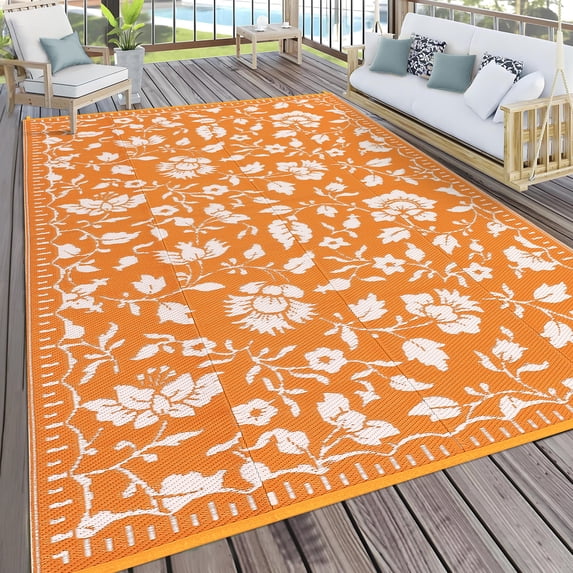 5x8 Orange&White Outdoor Rug Waterproof Reversible, Floral Plastic Straw Patio Rug, Foldable Outdoor Area Rug for RV Camping, Picnic, Beach, Balcony, Deck & Garden