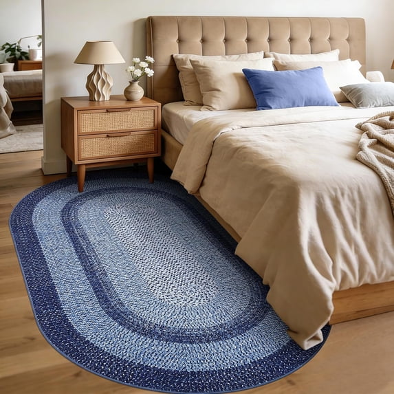 5x8 Oval Living Room Area Rug Washable Modern Border Bedroom Bedside Area Rugs Non Slip Low Pile Dining Room Oval Throw Carpet Contemporary Rugs for Living Room Kitchen Nursery, Navy