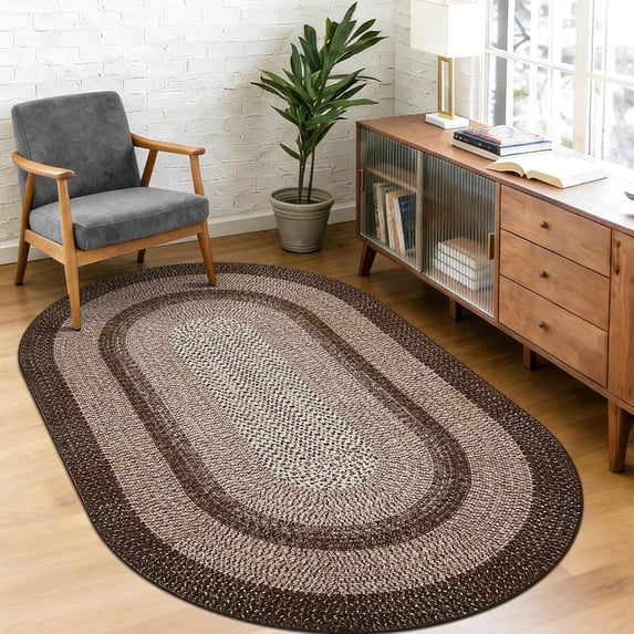 5x8 Oval Living Room Area Rug Washable Modern Border Bedroom Bedside Area Rugs Non Slip Low Pile Dining Room Oval Throw Carpet Contemporary Rugs for Living Room Kitchen Nursery, Brown