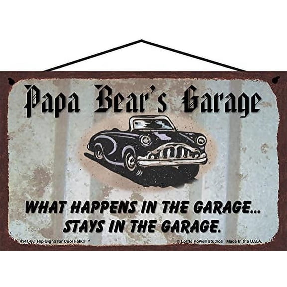 5x8 Papa Bear's Garage Sign with Classic Car What Happens in the Garage Stays in the Garage - Vintage Style Grandpa Home Décor, Father's Day Gift for Automotive Enthusiast Grandfathers