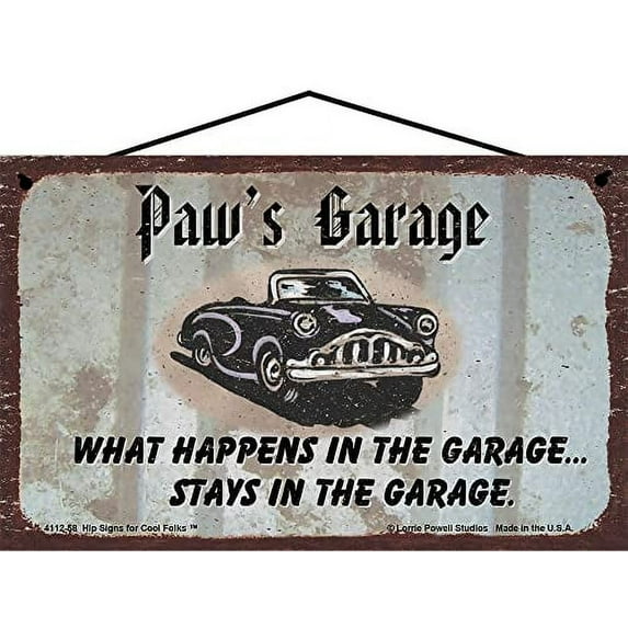 5x8 Paw's Garage Sign with Classic Car What Happens in the Garage Stays in the Garage - Vintage Style Grandpa Home Décor, Father's Day Gift for Automotive Enthusiast Grandfathers