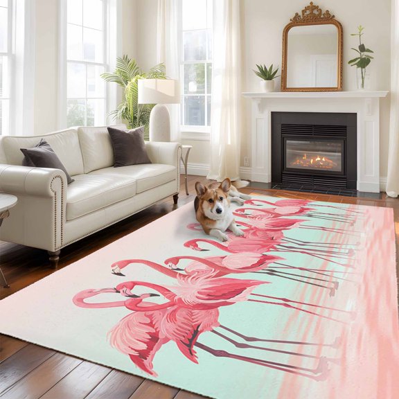 5x8 Pink Flamingo Area Rug for Living Room, Washable Non Slip Low Pile Soft Indoor Rug for Bedroom Dining Room, Tropical Animal Sofa Seating Rug